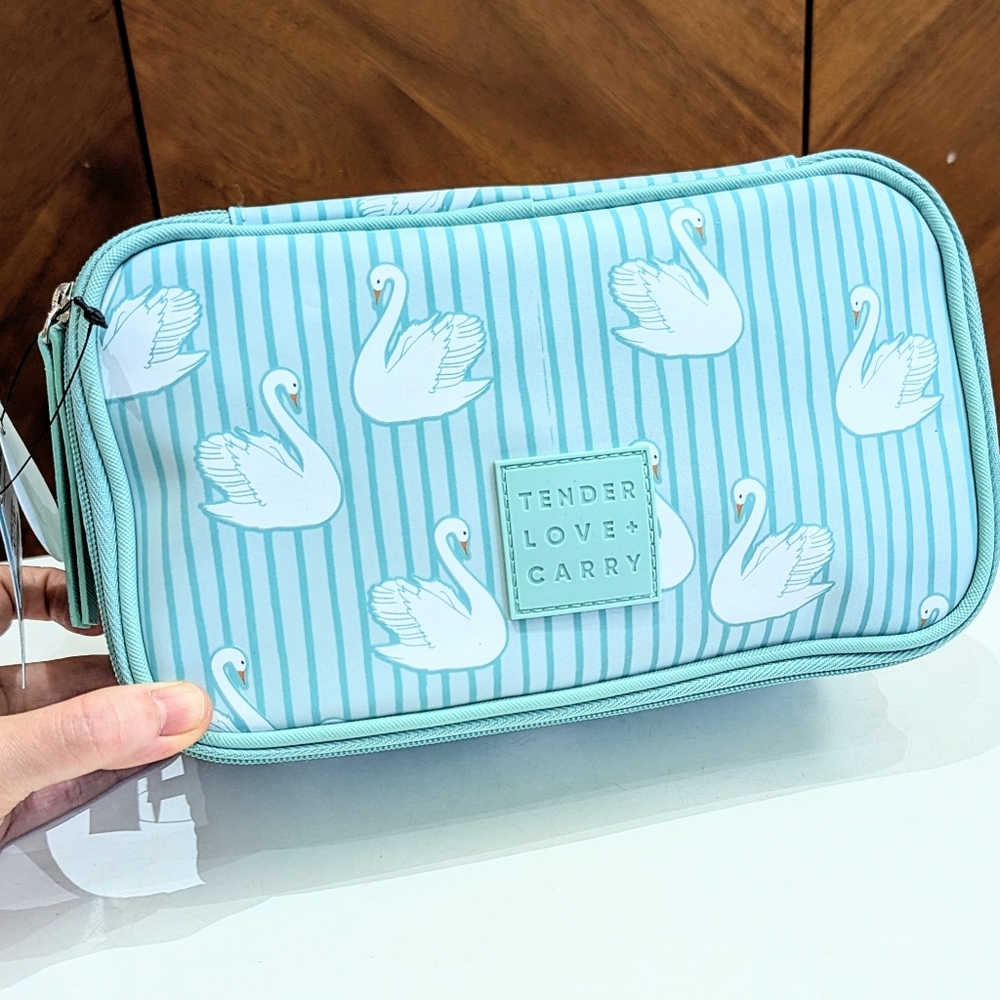 NWT Tender Love + Carry Swan Print Two Layer Toiletry Makeup Cosmetics Bag